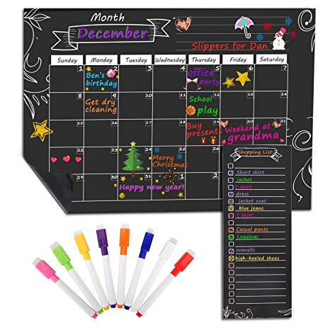 MoKo Magnetic Dry Erase Calendar for Refrigerator, 16"x12" Dry Erase Monthly Schedule Planner and Grocery Shopping List with 8 Markers for Kitchen Fridge and White Board - Black