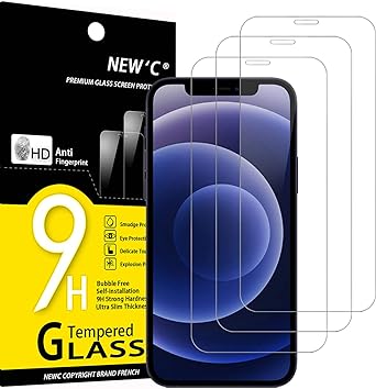 NEW'C 3 Piezas, Protector Pantalla para iPhone 12 Mini (5.4), Cristal templado Antiarañazos, Antihuellas, Sin Burbujas, Dureza 9H, 0.33 mm Ultra Transparente, Ultra Resistente