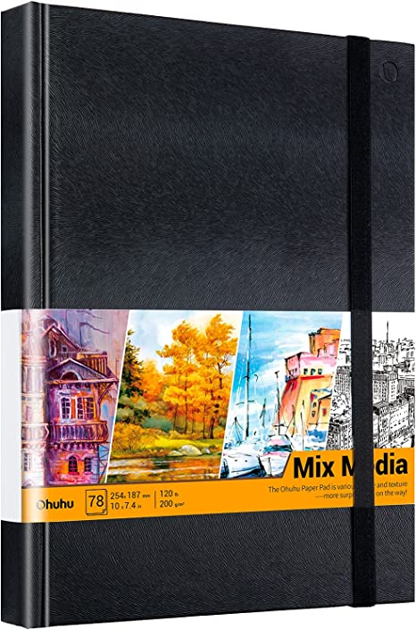 Ohuhu Mix Media Paper Pad, 10"×7.4" Mixed Media Watercolor Sketchbook, 120 LB/200 GSM Heavyweight Papers 78 Sheets/156 Pages, Spiral Bound Mix Media Pad for Acrylic, Watercolor, Pen and Pencil Painting