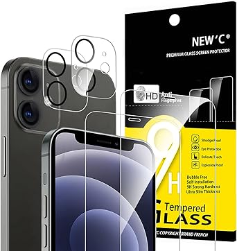 NEW'C [4 Pack, 2 x Protector Pantalla para iPhone 12 Mini y 2 x Protector Pantalla Protector de Lente de Cámara - Cristal Templado - Anti-Rayaduras - Ultra Resistente - Cristal Dureza 9H