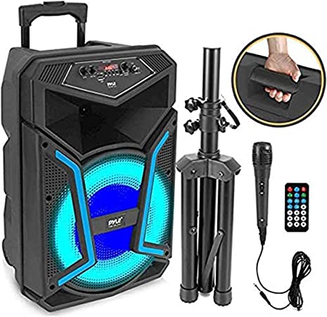 Pyle Portable Bluetooth PA Speaker System-800W Outdoor Bluetooth Speaker Portable PA System w/Microphone in, Party Lights, MP3/USB SD Card Reader, FM Radio, Rolling Wheels-Mic, Remote PPHP122SM.5