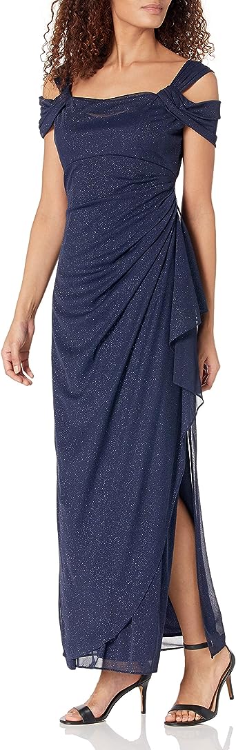 Alex Evenings Women's Long Glitter Mesh Cold Shoulder Dress (Petite and Regular)