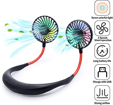 Personal Fan, Neck Fan Portable USB Fans with Three Levels of Wind USB Rechargeable 2000mAh Battery, Red and Blue LED Lights, Private Fan are Suitable for Indoor and Outdoor Activities