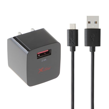 Xillie [UL Certified] 5V 2.4A AC USB Wall Charger, USB Travel Charger, With a Free Micro USB Cable for Android Smart Phones, iPhone, iPad (5V-2A) etc, Fast Charging, Black Color