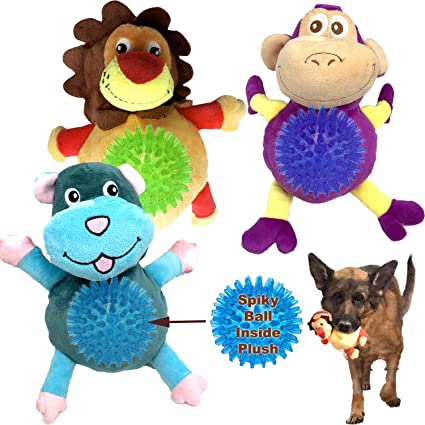 3 Pack Dog Toy 2-in-1 Dog Squeaky Toy Dog Chew Toy Interactive Dog Plush Toy with Spiky Ball Inside