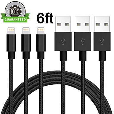 ONSON iPhone Cable,3Pack 6FT Nylon Braided Lightning Cable USB Cord Charging Cable for iPhone 7/7 Plus,6/6S/6 Plus/6S Plus,5/5S/5C/SE,iPad,iPod Nano 7,iPod Touch (Black)