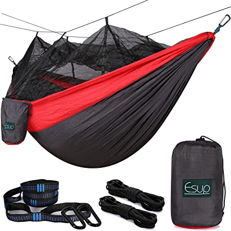 Esup Double Camping Hammock with Mosquito Net -Lightweight Nylon Portable Hammock, Best Parachute Hammock with Tree Straps for Backpacking, Camping, Travel (Dark Gray/Red)