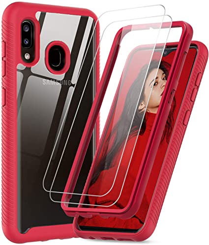 LeYi Compatible with Samsung Galaxy A20 Case, Galaxy A20 Case with Tempered Glass Screen Protector [2 Pack], Full Body Hybrid Rugged Clear Bumper Shockproof Phone Cover Case for Samsung A20 Red