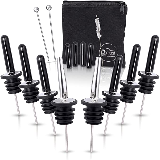 Chefast Liquor Bottle Pourers Set: Combo Kit of 8 Stainless Steel Pour Spouts, 10 Long Dust Caps, 2 Cocktail Picks, Brush and Storage Bag - Metal Toppers for Alcohol Bottles, Olive Oil and More