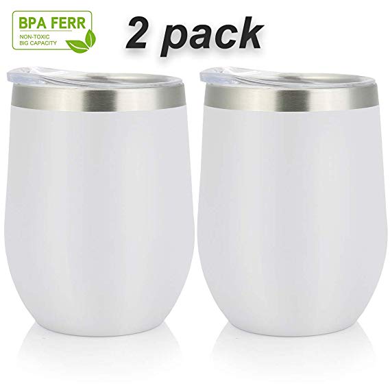 12oz Insulated Wine Glass Tumbler With Lid, white 2 Pcs Double Vacuum Wall Stainless Steel Cup For Coffee,Cocktails,Travel Drinks