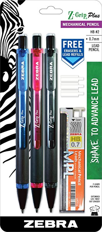 Zebra Z-Grip Plus Mechanical Pencil, 0.7mm, Bonus Lead and Erasers, Assorted Barrel Colors, Blue, Pink, Black, 3-Count