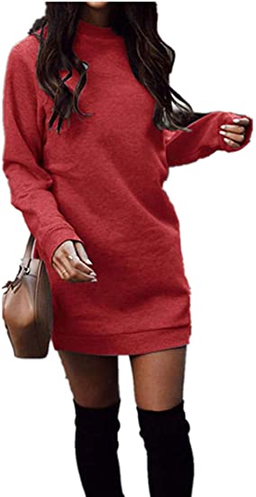 Xuan2Xuan3 Women's Fleece Long Sweatshirt Dress Crewneck Pullover Casual Long Sleeve Bodycon Mini Sweater Dress