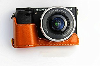 Hwota Handmade Genuine Real Leather Half Camera Case Bag Cover for Sony Alpha A6000 A6300 Bottom Opening Version   Free Leather Hand Strap -Brown