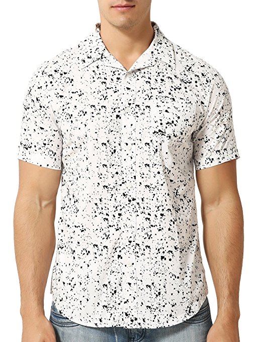 Mens Retro Button Up Short Sleeve White Casual Shirt with Black Splatter Pattern