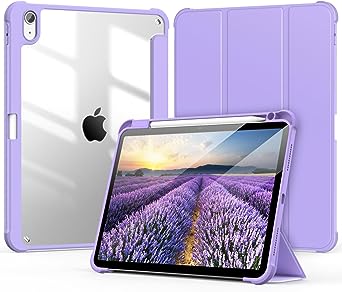 OKP for iPad Air 5th/4th Generation Case 2022/2020, iPad Air Case 5/4 Gen 10.9 inch with Pencil Holder, Auto Sleep/Wake, Slim Lightweight Trifold Folio Smart Cover for Women, Clear Back Lightpurple