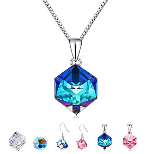 Color Changing Swarovski Crystals Jewelry, Cat Eye Jewels S925 Sterling Silver Swarovski Elements Crystals Pendant Necklace Earrings (Ocean Blue and Pink)