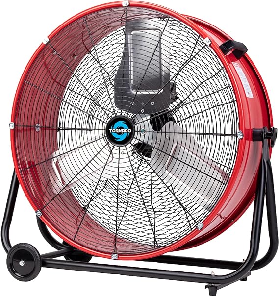 Tornado 24 Inch High Velocity Heavy Duty Tilt Metal Drum Fan Wide Version Red Commercial, Industrial Use 3 Speed 8800 CFM - 8 FT Cord UL Safety Listed