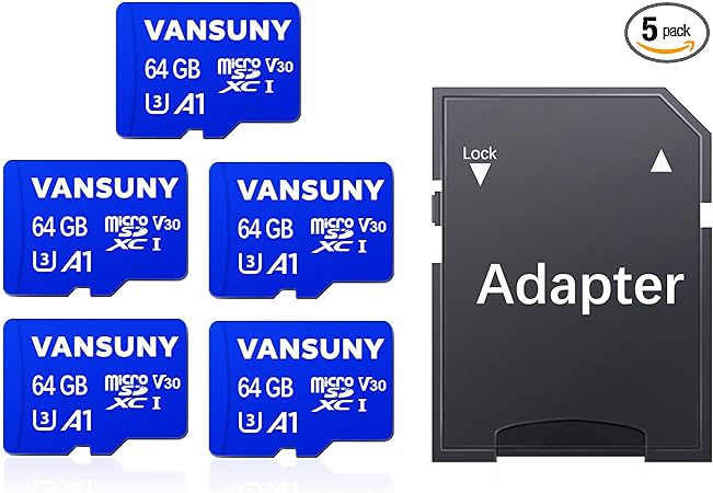 Vansuny Micro SD Card 64GB 5 Pack microSDXC Memory Card with SD Adapter A1 App Performance V30 4K Video Recording C10 U3 Micro SD for Phone, Security Camera, Dash Cam, Action Camera