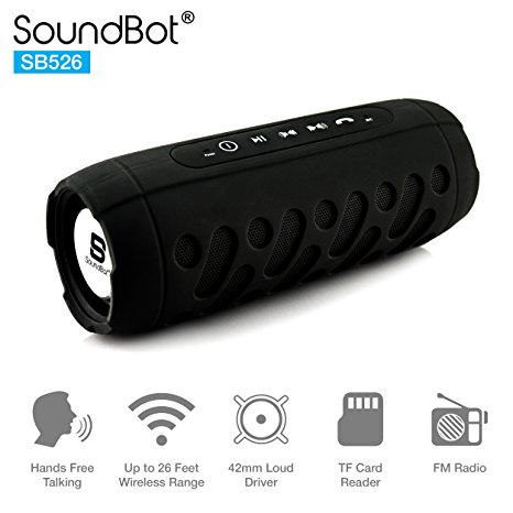 SoundBot SB526 Bluetooth 4.1 Wireless Portable Stereo Speaker for 12Hrs Music Streaming & Hands-Free Calling w/ Passive Sub Woofer, 8W Driver Speakerphone, Built-in Mic FM Tuner, 3.5mm Audio Port