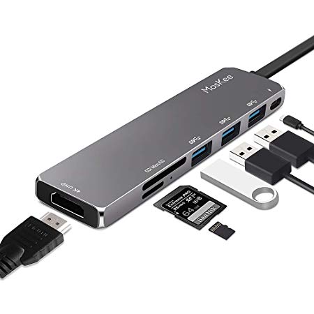 USB C Hub, USB C Adapter, MosKee7 in 1 Aluminum Type C PD 2.0 Charging Port, 4K HDMI,3 USB 3.0 Ports, SD/MicroSD Card Reader MacBook Chromebook DELL XP More