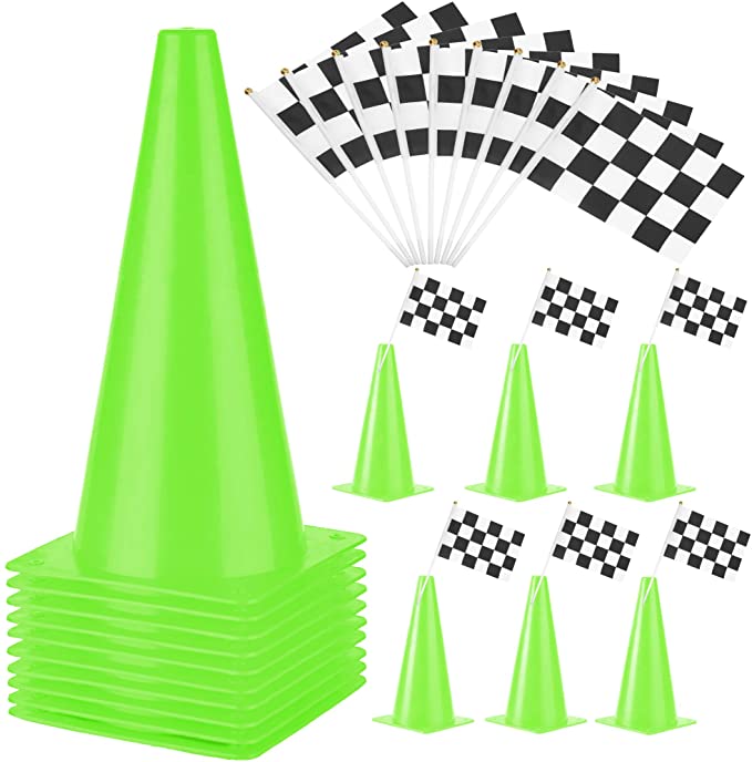 PACEARTH 11 Inch Plastic Traffic Cones with Chequered Flags 10 Pack Agility Cones Thick Soccer Training Cones for Outdoor Activity, Festive Events, Fitness Training, Traffic Safety Practice