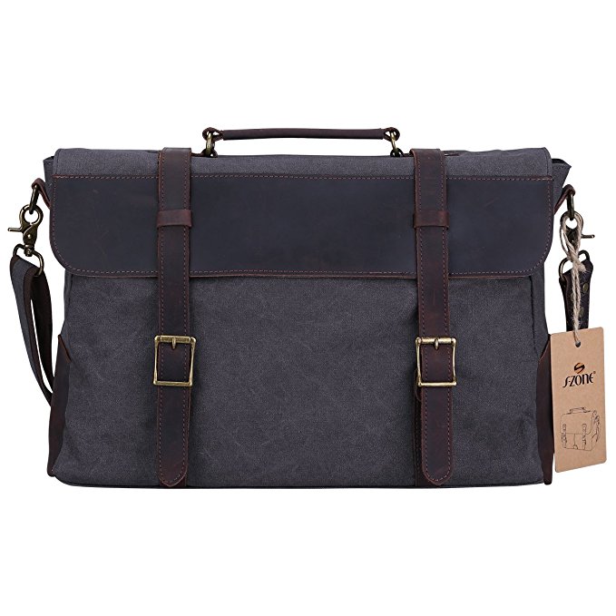 S ZONE Vintage Canvas Leather Messenger Traveling Briefcase Shoulder Laptop Bag