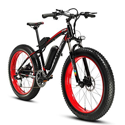 Cyrusher Red Black 4.0 Fat Tire Bike Snow Bike Mountain Bike with Motor 500W 48V Lithium Battery Extrbici XF660 Shimano 7 Speeds System 4.0 inch Fat Tire Suspension Fork Dual Disc Brakes