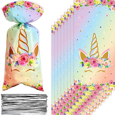 Zonon 100 Pieces Unicorn Cellophane Treat Bags, Pink Rainbow Gold Unicorn Theme Candy Goodie Favor Bags with 100 Silver Twist Ties Party Favor Pastel Bags for Girls Birthday Baby Shower Supplies