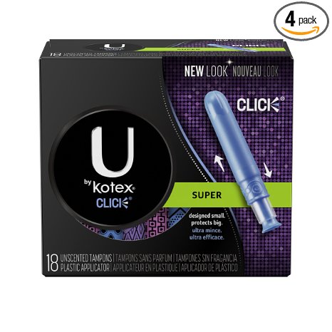 U by Kotex Click Super Compact Tampons, Compact Plastic Applicator, Unscented, 18 Count (Pack of 4)