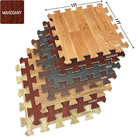 Sorbus Wood Grain Floor Mats Foam Interlocking Mats Each Tile 3/8-Inch Thick Flooring Wood Mat Tiles - Home Office Playroom Basement Trade Show