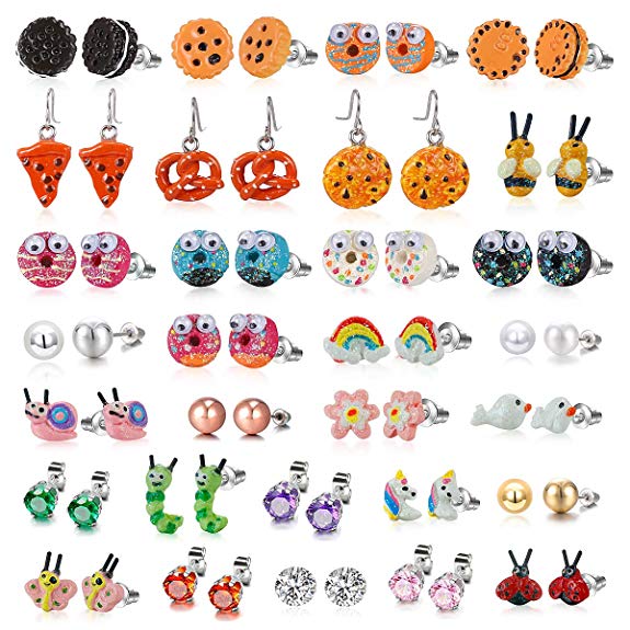 29/30 Pair Stainless Steel Gold Plated Mixed Color Cute Animal Food Dog Bone Popsicle Donut Star Ladybug CZ Faux Pearl Daisy Flower Stud Earring Set for Girls Kids