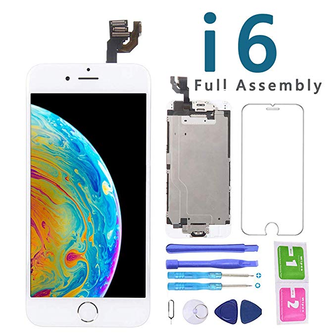 Screen Replacement for iPhone 6 White 4.7 Inch LCD Display Touch Digitizer Full Assembly Repair Kit, with Home Button, Proximity Sensor, Earpiece, Front Camera, Screen Protector, Repair Tools