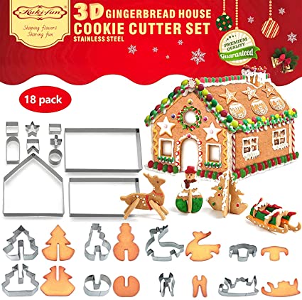 3D Christmas House Cookie Cutter Set, Gingerbread House Cutters Kit, Festive Xmas Stainless Steel Biscuit Cutter Set, Including Christmas Tree, Snowman, Reindeer, Sled Shapes, Gift Box Package(18pcs)