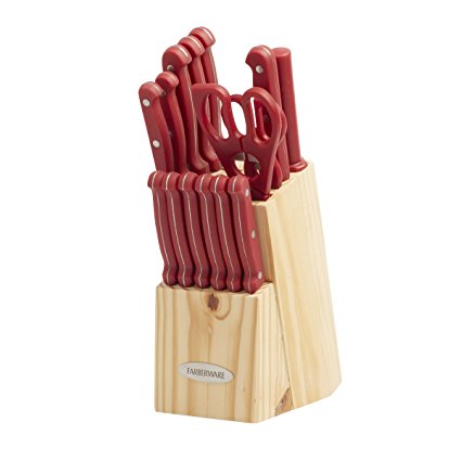 Farberware 17-Piece Triple Rivet Stainless Steel Knife Block Set, Red