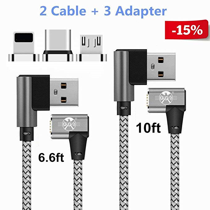 UGI L Cable iPhone Charge Micro USB C Magnetic Type C Cable Right Angle Charging Data Sync 6.6ft 10ft Nylon Braided Cord for iphone X,8,7,6/Plus Samsung Galaxy S6,S7,S8,S9 HuaWei Android Devices