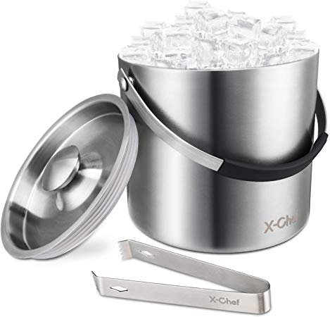 X-Chef Ice Bucket, Stainless Steel Double Walled 3L Ice Bucket with Lid and Ice Tongs for Parties, Bar, Gatherings