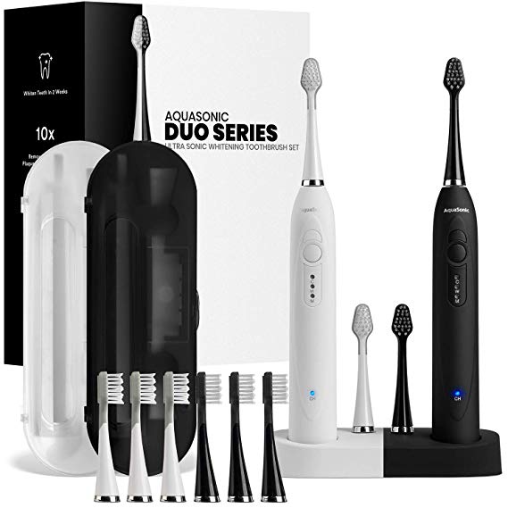 Pure Daily Care AquaSonic DUO - Dual Handle Ultra Whitening Electric ToothBrushes - 40000 VPM Motor & Wireless Charging - 3 Modes with Smart Timer - 10 DuPont Brush Heads & 2 Travel Cases Included