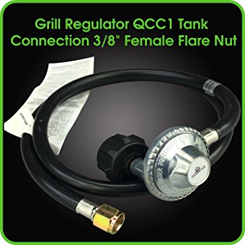 Grill Regulator Propane Gas Hose QCC1 Tank Connection 3/8" Female Flare Nut - Easy To Install Fits Most LP Gas Grill, Heater & Fire Pit Table - Solid Brass Construction Fittings By Grill Doc