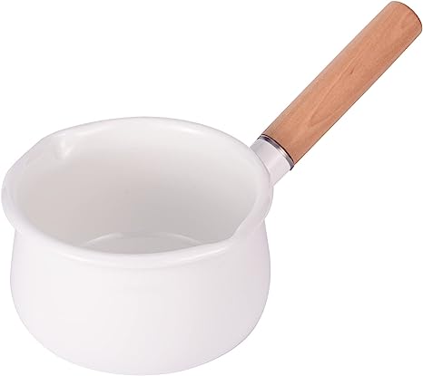 IMEEA Saucepan Enamel Sauce Pan with Dual Pour Spout Enamel Milk Pan Butter Warmer Milk Pot Small Soup Pot Wooden Handle, 1.05 Quart