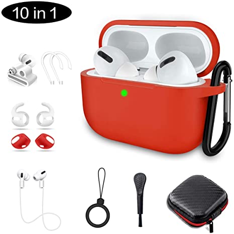 Airpods Pro Case, Alquar 10 in 1 Silicone Apple Airpod Pro Accessories Set, Airpods 3 Charging Case Protective Cover with Ear Hook/Strap/Clips/Watch Band Holder/Brush/Keychain (Red)