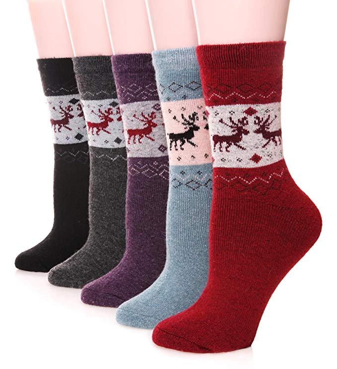 Womens Wool Socks Thick Heavy Thermal Fuzzy Winter Warm Deer Crew Socks For Cold Weather 5 Pack