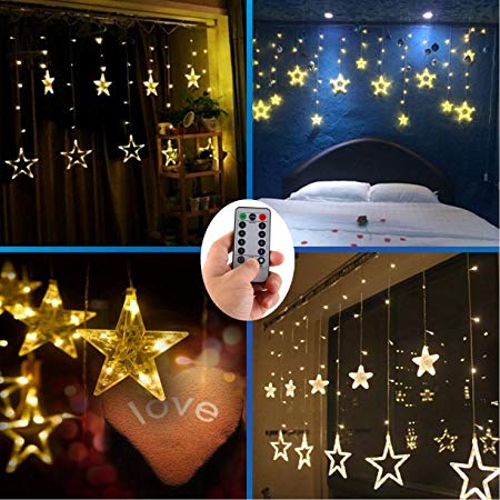 4 x AA Batteries Operated Curtain Lights with Remote,138 LED 12 Star Window Wall Icicle String Lights,8 Mode,Timer,Dimmable,Ideal for Outdoor Wedding Birthday Bar Camping Barbecue Party Decoration
