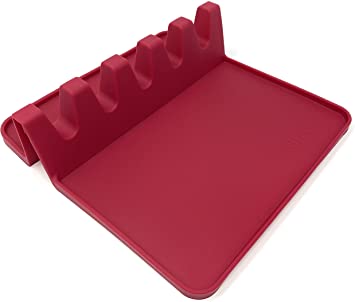 Silicone Spoon Rest Holder for Stove Top, Silicon Utensil Rests for Kitchen Countertop, Large Heat Resistant Spatula Spoon Reat for Cooking with 5 Slots with Drip Pad BBQ Utensil Holder (Garnet)