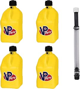 VP Racing Fuels 5-Gallon Square Motorsport Utility Container Yellow w/ 14" Standard Hose (4 Pack) Close-Trimmed Cap and Neck for Tight Seal