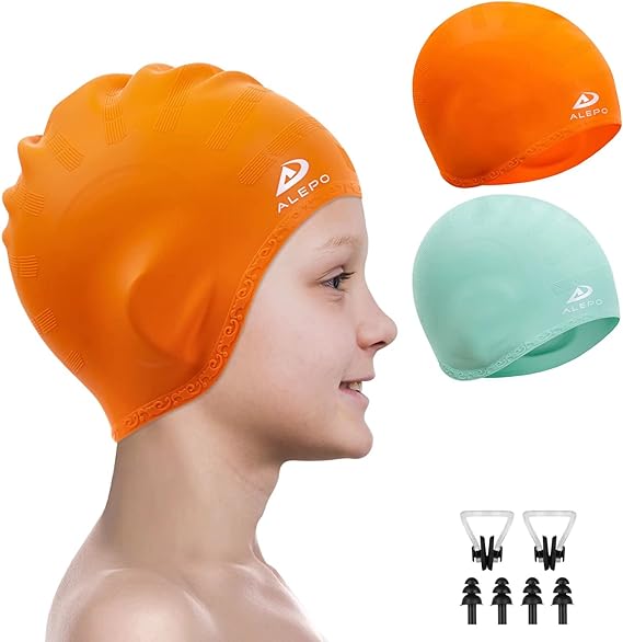 2 Pack Kids Swim Caps for Boys Girls, Durable Silicone Swimming Cap with 3D Ear Pockets for Age 3-15 Toddler Child Youth Teen, Unisex Swim Bath Hats for Short/Long Hair with Ear Plugs Nose Clip