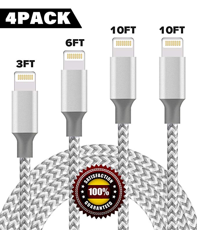 BULESK Compatible with Phone Cable,Phone Charger 4Pack 3FT 6FT 10FT 10FT Nylon Braided Compatible with Phone Xs/XS Max/XR/X/Phone 8 8 Plus 7 7 Plus 6s 6s Plus 6 6 Plus Pad Pod Nano - Grey White