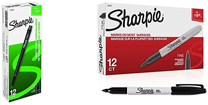 Sharpie Plastic Point Stick Water Resistant Pen, Ink, Fine, Pack of 12, Black (1742663) & Permanent Markers, Fine Point, Black, 12 Count