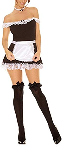 French Maid Costume Sexy 4 Pieces Dress Apron Head & Neck Pieces