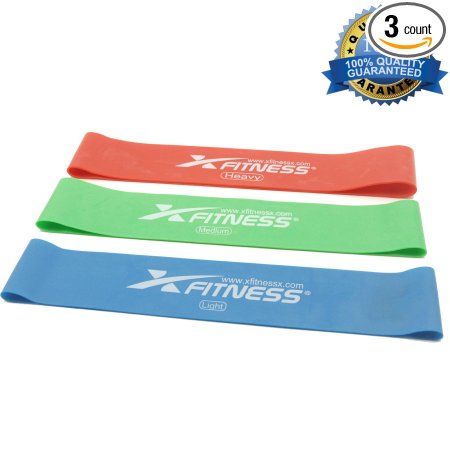 xFitness Resistance Loop Band - Set of 3 - Exercise Band for Overall Fitness, Injury Recovery, CrossFit, Stretching, Rehabilitation, Yoga, Pilates. 3 Colored Coded 10’’ x 2’’ Natural Latex Bands
