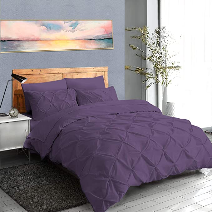 Soft Reliable Luxurious 3Pcs Pinch Pleated Duvet Cover Set Zipper Closer with Corner Ties King/Cal-King (94" x 104") Size, 100% Egyptian Cotton 800TC Stain Resistant & Hypoallergenic, Plum Solid